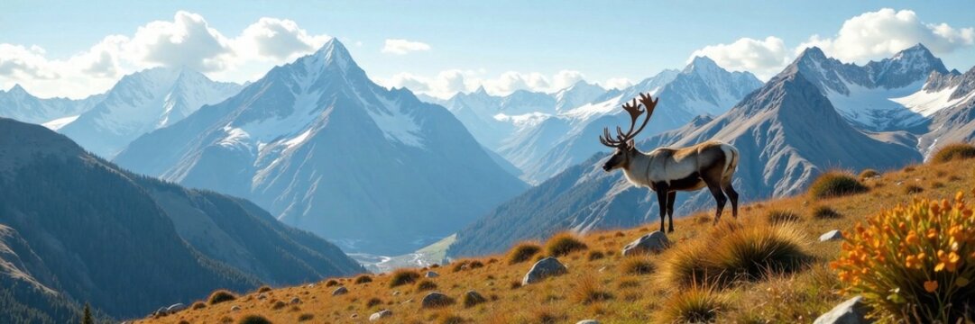Caribou in mountainous terrain with sky , landscape, caribou, mountains