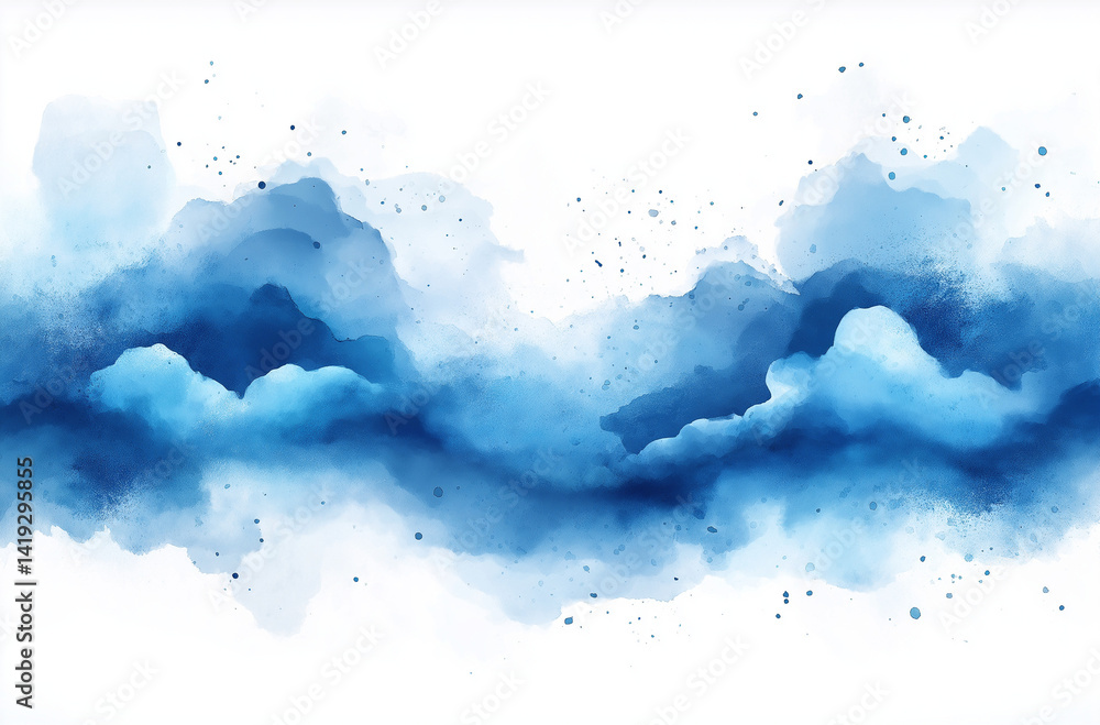 Poster minimalist abstract watercolor illustration of blue clouds with splash effect and simple shapes on t