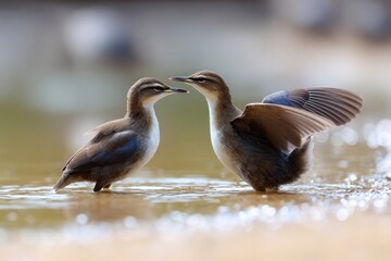 Two Birds Standing in Shallow Water with Open Wings Together