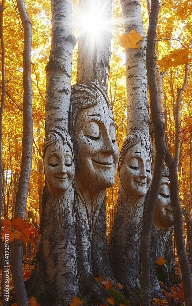 Poster serene forest scene with tall trees and glowing sunlight filtering through vibrant autumn foliage cr