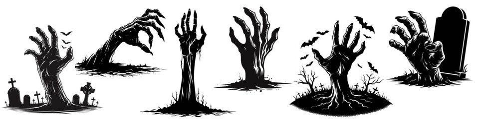 Fototapeta premium Creepy Action, Zombie Hands, Graveyard, Vector Illustrations, Eerie Atmosphere, Artistic View, Horror Concept