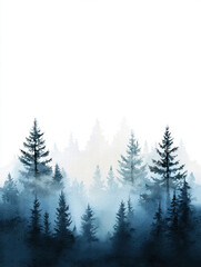 Fototapeta premium serene watercolor landscape featuring tall evergreen trees shrouded in mist, creating tranquil atmosphere