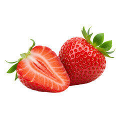 Fresh red strawberries with seeds and green leaves, one sliced open &ndash; realistic juicy fruit on transparent background for food design and summer themes.

