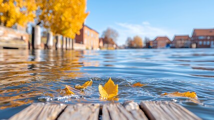 Autumn leaves on water canal scene