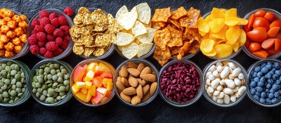 Colorful Variety of Snacks in Small Bowls on Dark Surface