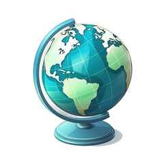 A vibrant illustration of a globe showcasing continents in blue and green, symbolizing global connectivity and exploration in a digital context , isolated on white or transparent png