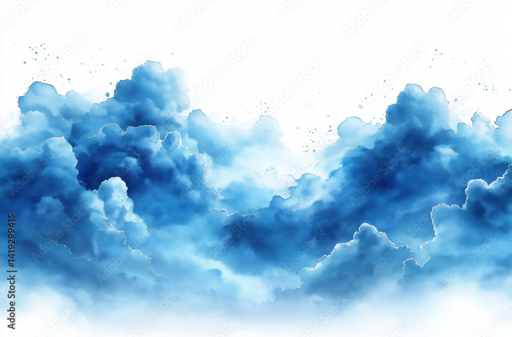 Poster minimalist abstract watercolor illustration of blue clouds with splash effect and simple shapes on t