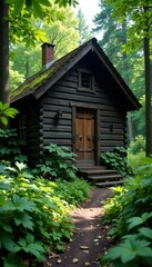 Old cabin in the woods with a dark wooden door and overgrown garden, foliage, overgrown garden, rural