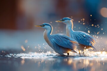 Naklejka premium Two Striated Herons Walking in Shallow Water with Sunlight Reflections