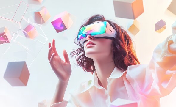 Woman Experiencing Immersive Virtual Reality with Holographic Cubes