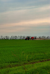 Fototapeta premium Farm tractor on the field at the spring , wheat field and red farming vehicle 