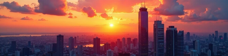 Fototapeta premium High-rise building at sunset with city skyline, evening, skyscraper, city lights