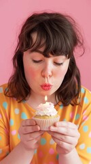 A girl blowing out birthday candles on a small cupcake, making a wish against a cheerful pink background, vertical.