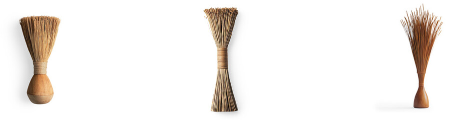 Handcrafted wooden broom with straw bristles on a Transparent Background