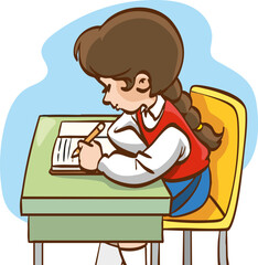 Vector Illustration of a Girl Doing Her Homework During School.cute schoolgirl writing at the desk