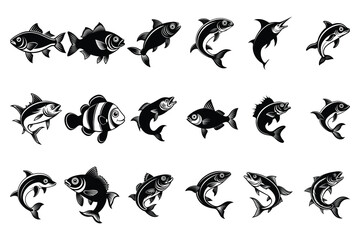 Black silhouette of fishes isolated with white background