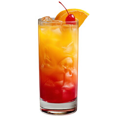 Tequila Sunrise cocktail with orange slice and cherry in highball glass