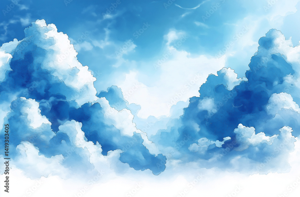 Poster minimalist abstract watercolor illustration of blue clouds with splash effect and simple shapes on t
