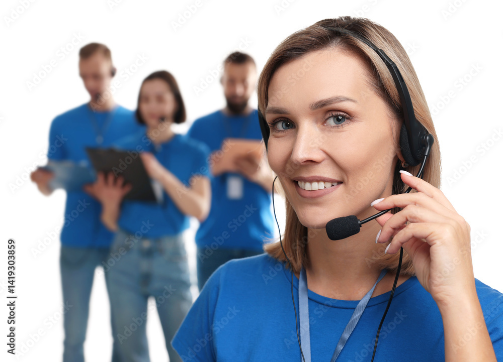 Poster technical support call center. smiling operator on white background, selective focus