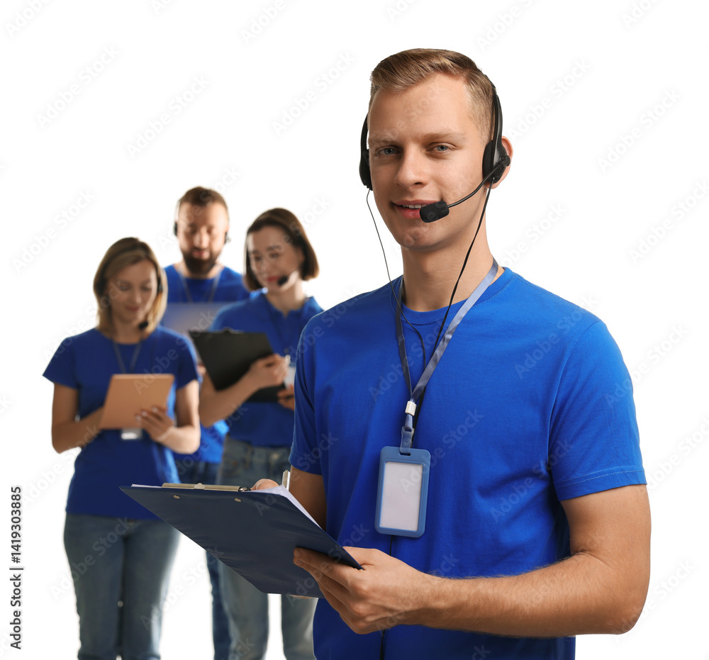 Poster technical support call center. team of friendly operators on white background