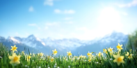 Daffodils in a field bloom in spring. Snow-capped mountains in background. For website