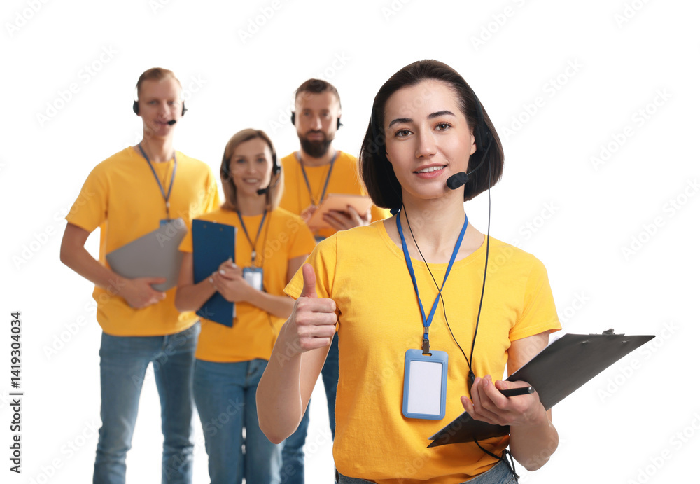 Poster technical support call center. team of friendly operators on white background