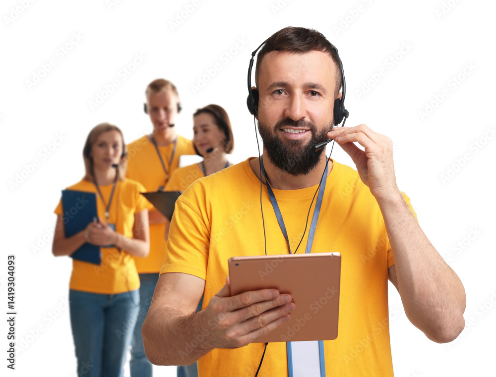 Poster technical support call center. team of friendly operators on white background