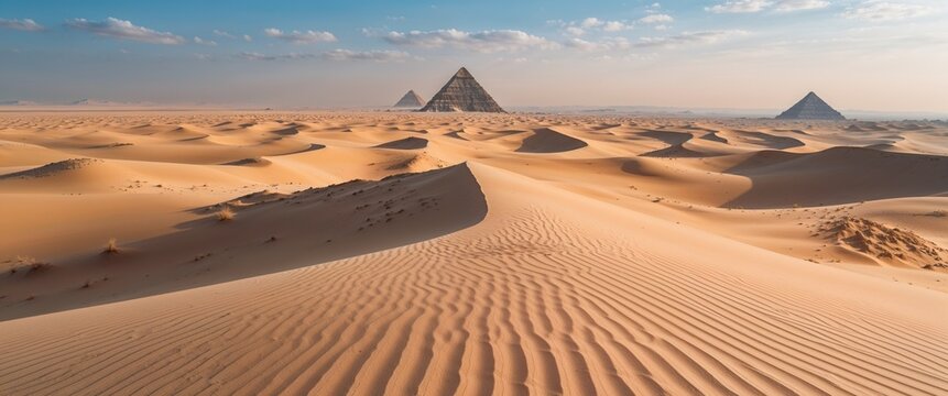 Windswept desert dunes with distant pyramids wide angle panoramic view horizontal symmetric background.