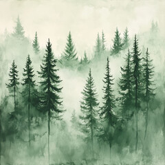 Fototapeta premium serene forest landscape featuring tall evergreen trees shrouded in mist, creating tranquil and calming atmosphere. varying shades of green enhance natural beauty of scene