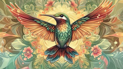 Fototapeta premium Vibrant Hummingbird in Ornate Floral Mandala: A Digital Painting of Nature's Beauty