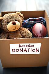 Donation box filled with clothes toys and a teddy bear
