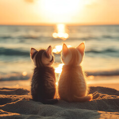 Two Cute Kittens Sitting on the Beach Watching Sunset