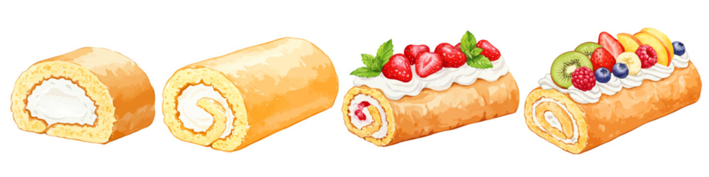 ロールケーキの水彩風イラストセット 苺とブルーベリーとラズベリーとキウイと黄桃とバナナとミントなどのフルーツがデコレーションされた ホイップ生クリームのスイーツ