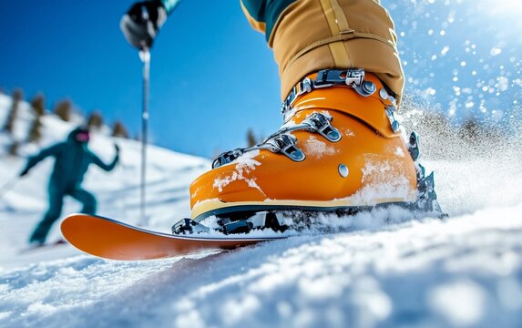 Close-up of ski boots on a snowy slope. Perfect winter sports activity.  Skiing equipment and landscape in a beautiful snowy mountain resort. - Powered by Adobe