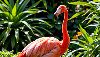 Fototapeta premium A vibrant pink flamingo stands gracefully among the lush greenery