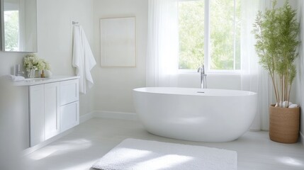 Modern, bright bathroom with a soaking tub.  Bright, airy, and minimalist bathroom featuring a clean, white color palette, including a freestanding soaking tub, vanity, and window.