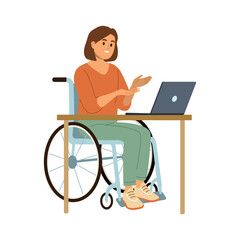 Young woman in wheelchair working on computer. Vector flat style cartoon illustration. Concept of employment, education, and social adaptation of disabled people.