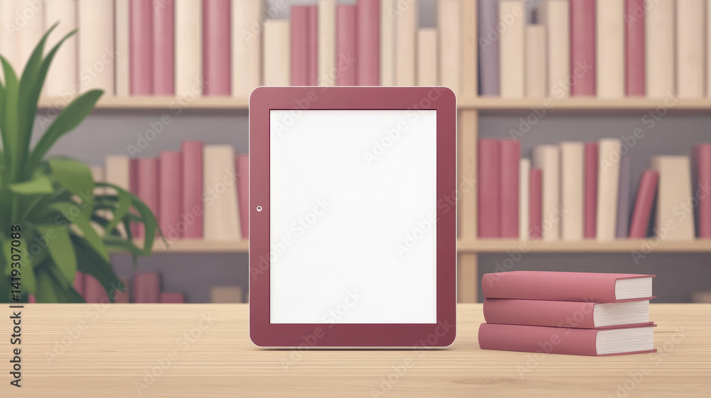Poster digital workspace with a tablet displaying content in a minimalist setup surrounded by books and gre