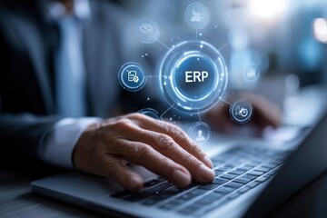 Man Using Laptop with Erp System Application Modern Business Concept