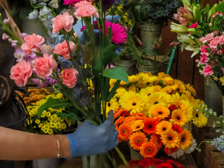 Florist arranging pink carnations in flower shop