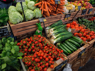 Fresh produce displayed on Holesovice market stall enticing shoppers in Prague, Czech republic