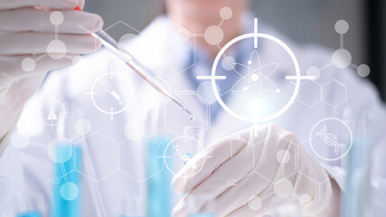 Close-up scientist drop pipette blue liquid test tube science research biology chemistry chemical...