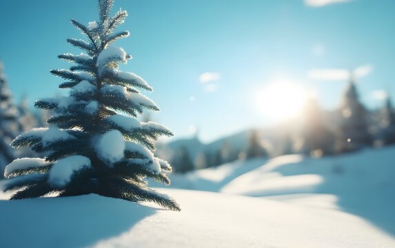 Snowy Winter Landscape with Fir Tree and Sun