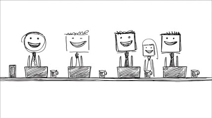 Five Smiling Figures on Pedestals Line Drawing
