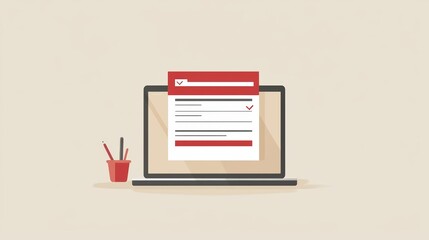 Person Filling Out an Online Application Form on a Laptop with a Red Confirmation Checklist and a Pencil Holder