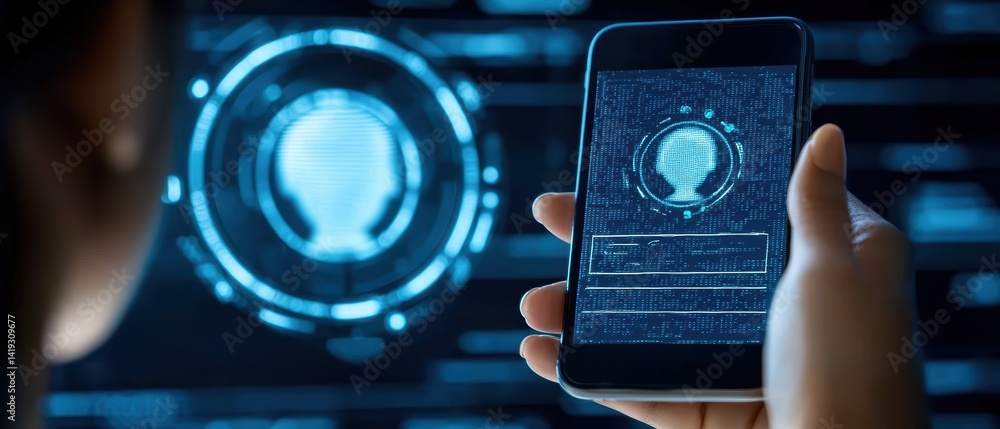Poster futuristic interface with person using smartphone for identity verification in digital space