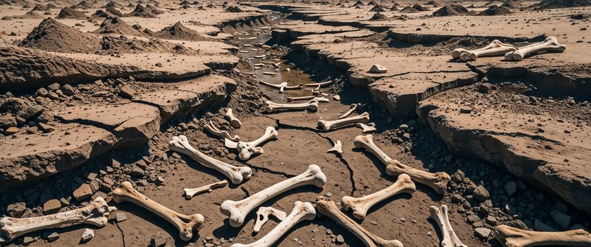 fossil filled dry riverbed with cracked earth and scattered bones wide angle panoramic view horizontal symmetric background