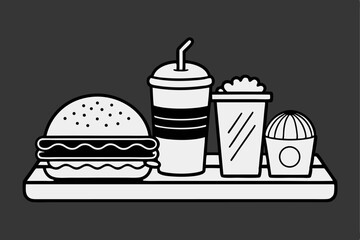 Detailed Line Drawing of a Hamburger, Hot Dog, and Drink on a Tray.