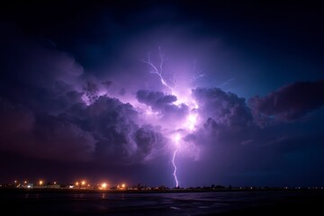 Dramatic Lightning Strike Illuminates the Night Sky Over Water Landscape