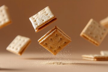 Sandwich Crackers Floating with Crumbs on Brown Background Close-up Shot